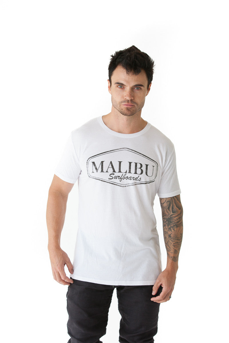Malibu Surfboards Logo Crew Tee in White (Black Logo)